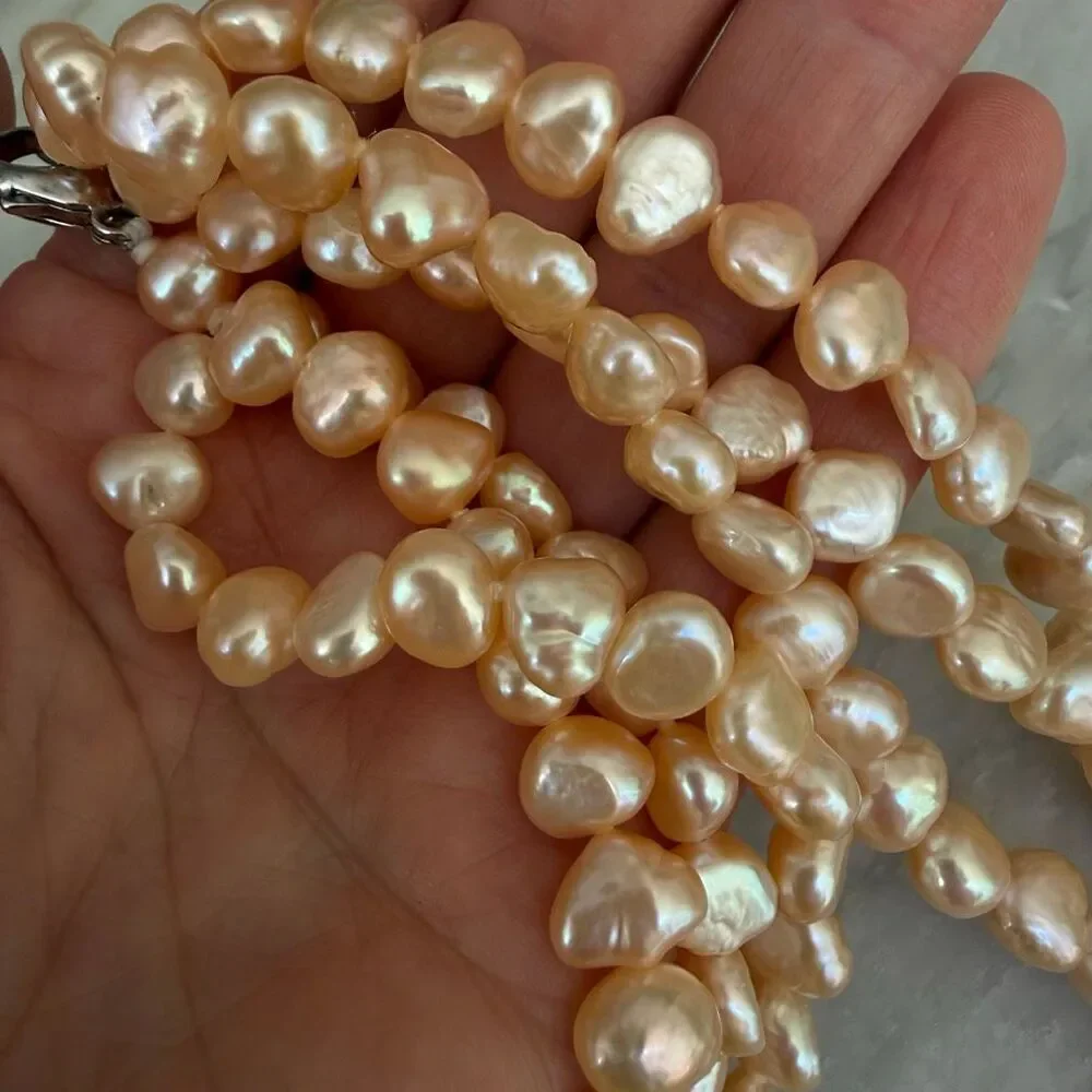 Vintage Freshwater Peach  Pearl Triple Strand Necklace Sterling Silver 925 clasp